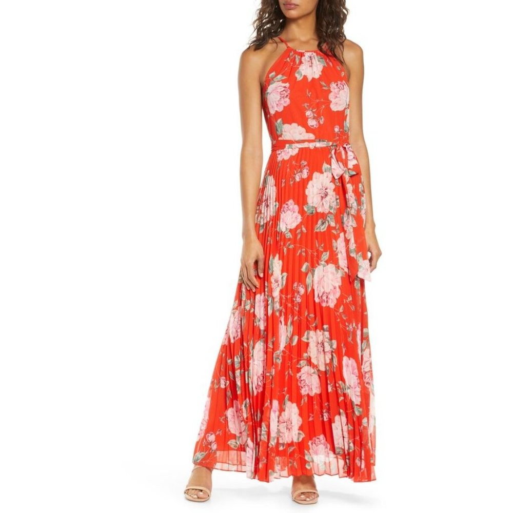 Eliza J Floral Halter Neck Pleated Maxi Dress in Poppy size 4